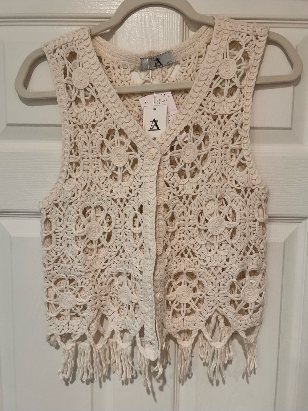 Ava & Viv Cream Crochet Fringe Vest